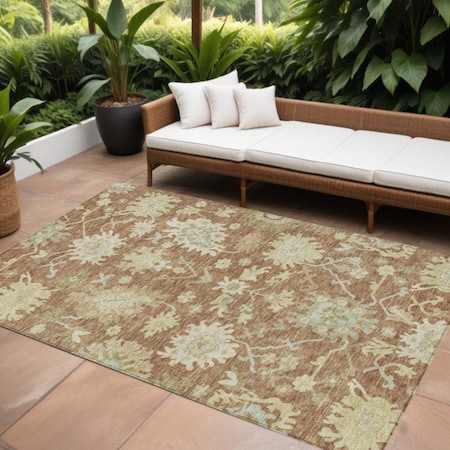 Homeroots 9' X 12' Copper Green And Ivory Floral Washable Indoor Outdoor Area Rug 605221