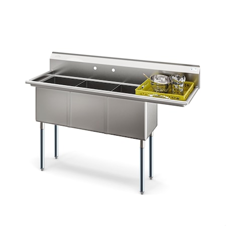 Koolmore 63 in. Three Compartment Sink, Bowl Size 15x15x14, Stainless-Steel 16 Gauge with Right Drainboard KM-SC151514-15R316