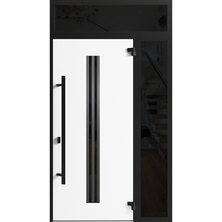 Vdomdoors Front Exterior Prehung Steel Door Ronex1055 Teak Sidelight and Transom Window Sidelite Entry Metal RONEX1055EXD-OAK-W36+16 x H80+16-LH-I