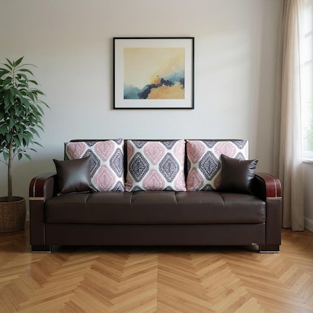 Homeroots 87" Brown Faux Leather Convertible Futon Sleeper Sofa And Toss Pillows With Storage 607141