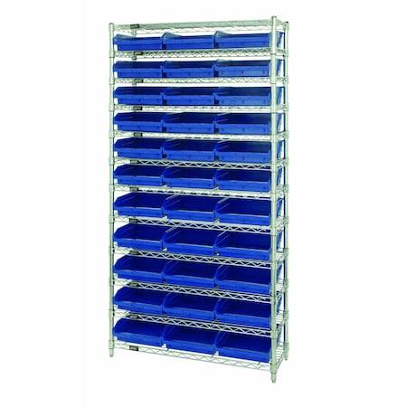 Quantum Storage Systems WIRE SHELVING UNIT W/33 BLUE BINS WR12-116BL