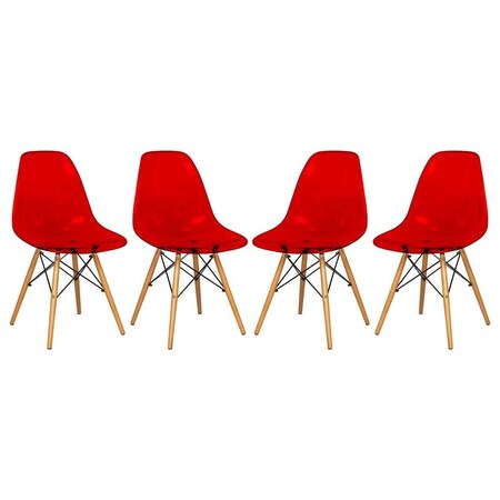 Leisuremod Dover Plastic Dining Side Chair with Wooden Legs, Transparent Red, 4PK EP19TR4
