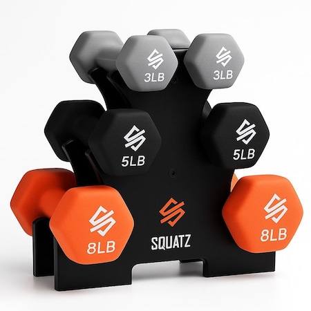 Squatz Dumbbell Weights Set with Stand, 32lbs Neoprene Coated Weights in Color Gray, Black, and Orange, Hex SQDBT30