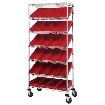 Quantum Storage Systems WIRE SHELVING UNIT W/24 RED BINS MOBILE MWRS-7-108RD