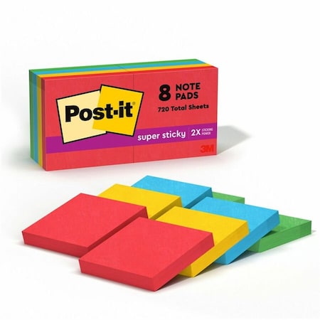 3M Post-it Super Sticky Note Pads 6228SSAN, 2" x 2", Electric Glow, 90 Sheets, 8/Pack 6228SSAN