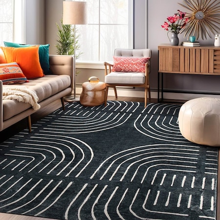 World Rug Gallery Bohemian Lines Washable Non Slips Area Rug 5 ft x 7 ft Black WR72BLACK5X7