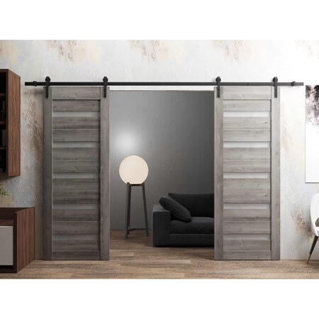 Sartodoors Sturdy Dbl Barn Door 56 x 84in, Nebraska Grey W/ Frosted Glass, 13FT Rail Hangers Heavy Set QUADRO4445DB-NEB-5684