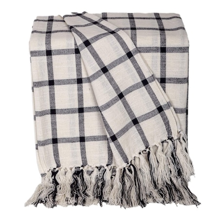 Homeroots 50" X 60" Black and Off White Cotton Woven Plaid Throw Throw Blanket with Fringe 548947