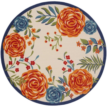 Homeroots 8' Ivory Orange and Blue Round Floral Indoor Outdoor Area Rug 527632