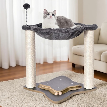 Simple Deluxe Cat Scratching Post for Indoor Cats, Small Cat Tree Tower with Hammock Wooden Interactive Track Bal PTCATTREE18GRY