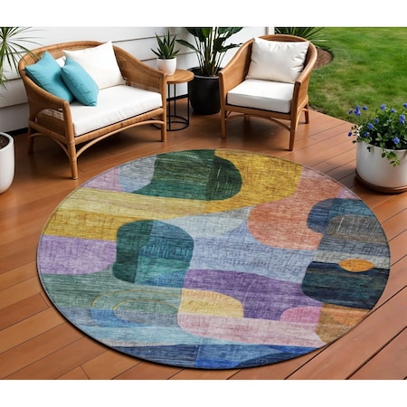 Homeroots 8' Blue Purple And Green Round Abstract Washable Indoor Outdoor Area Rug 604362