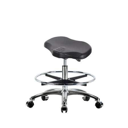 Blue Ridge Ergonomics Poly Ray Sit-Stand Stool Chrome-Medium Bench Ht with Chrome Foot Ring & Chrome Casters in Black Poly PRPMBSO-CR-CF-CC-BLK
