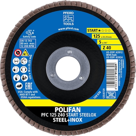 Pferd 5'' Flap Disc, 7/8'' Arbor, 40 Grit, Z START STEELOX, Type 29, Conical, Zirconia 63912