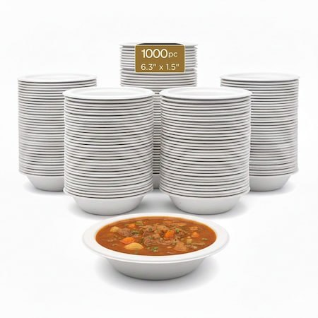 Eco Harmony Products Bagasse Bowls, PFAS-Free, Compostable, White, 6.3", 1000PK 804572