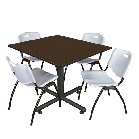 Regency Square Kobe Breakroom Table W/ 4 M Stack Chairs, 48 in W, 48 in L, Neo Walnut TKB4848NW47GY