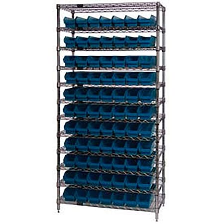 Global Industrial Chrome Wire Shelving with 77 4"H Plastic Shelf Bins Blue, 36x18x74 268972BL