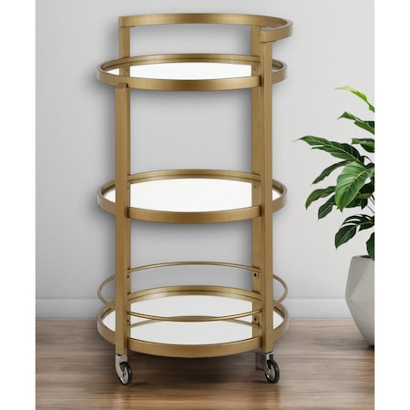 Homeroots Brass Steel And Glass Round Rolling Bar Cart 530458