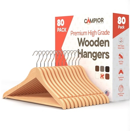Lifemaster Wooden Clothes Hangers, Durable, Non-Slip, Space-Saving, 360 Deg Swivel Hook, Natural Finish, 80PK CMPWH80NL