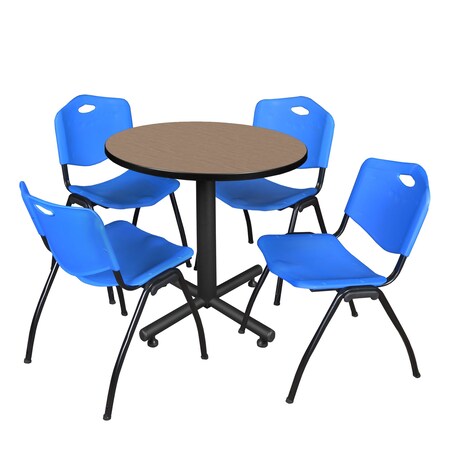 Regency Round Kobe Breakroom Table W/ 4 M Stack Chairs, 30 in W, 30 in L, Noble Oak TKB30RNDNO47BE