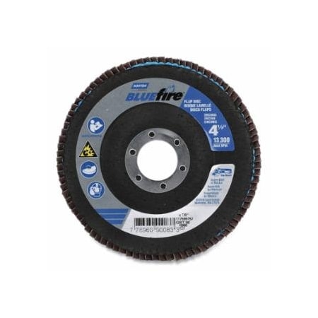 Norton Co Bluefire, R860 Flap Disc, 4-1/2 in dia, 60 Grit, 7/8 in Arbor, 13300 RPM, Type 27 Flat, 10PK 547-77696090083