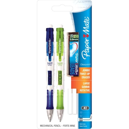 Paper Mate Clear Point Mechanical Pencils with Tube of Lead/Erasers, 0.9 mm, HB (#2), Black Lead, Assorted, PK2 PAP1759214