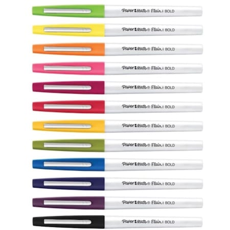 Paper Mate Flair Felt Tip Porous Point Pen, Stick, Bold 1.2 mm, Assorted Ink Colors, White Pearl Barrel, PK12 2125414