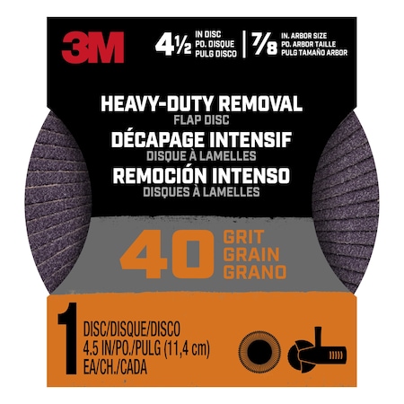 3M Heavy Duty Removal 4.5 inch Flap Disc, 40 grit, 1/pk, 12PK FLPDISC4.5IN40