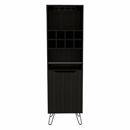Homeroots 71in Black Tall Bar Cabinet with Two Door Panels and Top Wine Glass Rack 473306