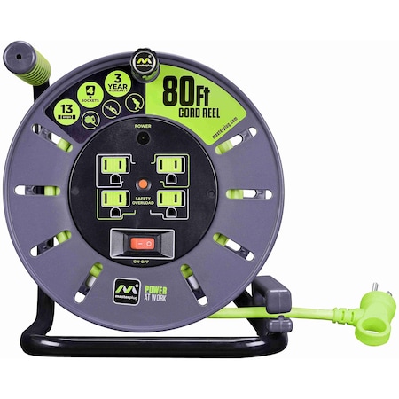 Masterplug 80Ft 4 Sockets 13A 14AWG Large Open Cable Reel OLA801114G4SL-US