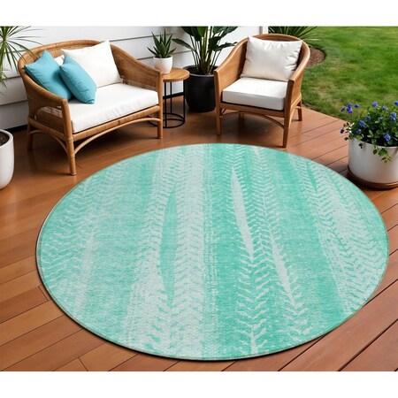 Homeroots 8' Aqua Teal Blue And Ivory Round Botanical Leaves Washable Indoor Outdoor Area Rug 581962
