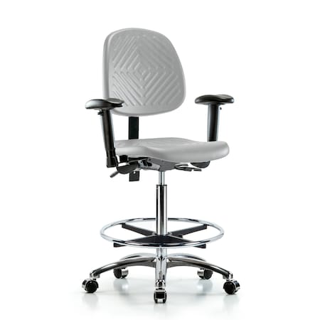Blue Ridge Ergonomics Poly Chair Chr-High Bench Ht with Medium Back, Adjustable Arms, Chr Foot Ring, &Casters in Gray Poly PHBCH-MB-CR-T0-A1-CF-CC-GRY
