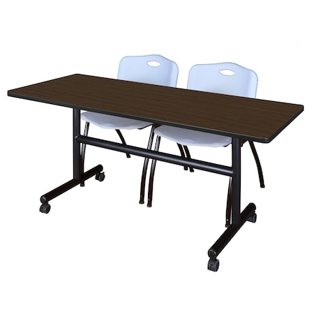 Regency Kobe Flip-Top Training Nesting Table W/ 2 M Stack Chairs, 60 in W, 30 in L, Neo Walnut MKFT6030NW47GY