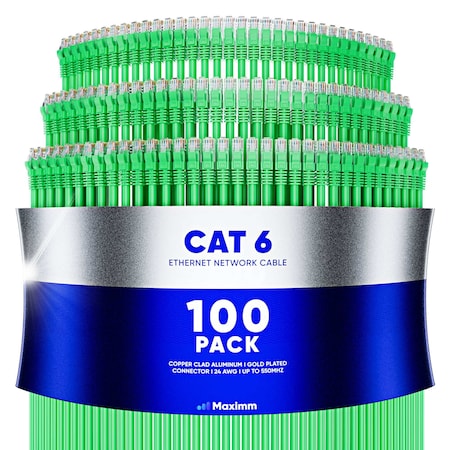 Maximm 2ft Cat6 10Gbps 550MHz UTP Ethernet Cable, 100PK, Green, 100PK CAT6CCA-2GN-100PK
