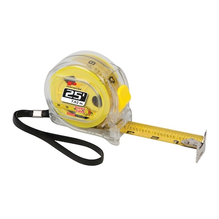 Perform Tool Tape Measure Clear Polycarbonate Housing; 25 Foot Length; With Double Sided Hook W5041