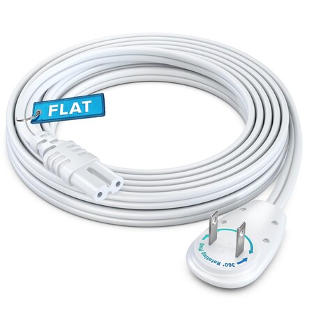 Maximm 10ft 2-Prong TV Power Cord, 360 degrees Flat Plug, Non-Polarized UL, White ADW-90A-C7F10-16W0