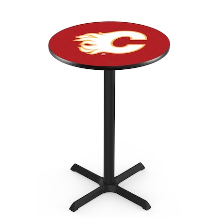 Holland Bar Stool Co 36" Blk Wrinkle Calgary Flames Pub Table, 36" dia. Top L211B3636CalFla