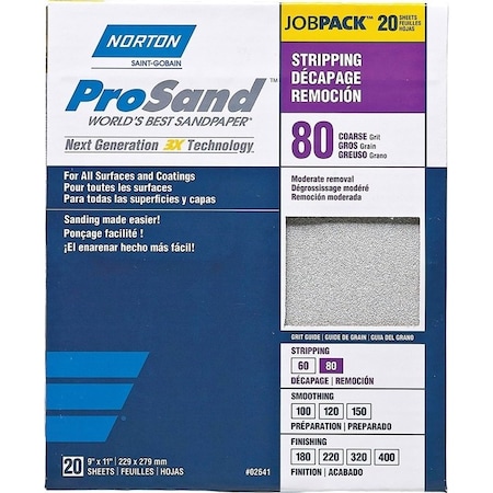 Norton Co ProSand 07660768174 Sanding Sheet, 11 in L, 9 in W, Coarse, 80 Grit, Aluminum Oxide Abrasive 2641