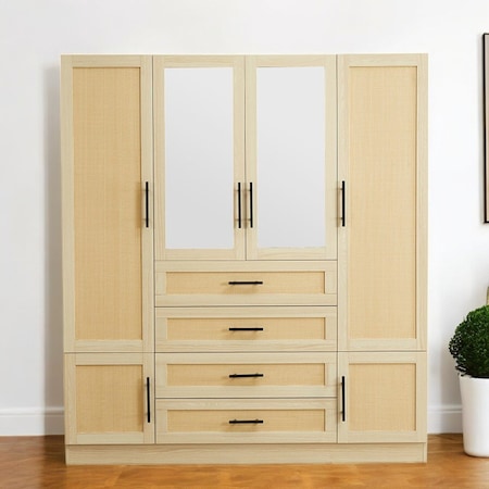 Homeroots 70" Natural Wood And Rattan Mirrored Six Door Four Drawer Combo Dresser 569294