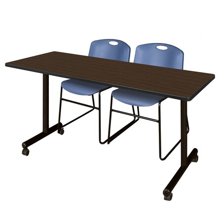 Regency Kobe Mobile T-Base Training Table W/ 2 Zeng Stack Chairs, 60 in W, 24 in L, Neo Walnut MKTRCC6024NW44BE