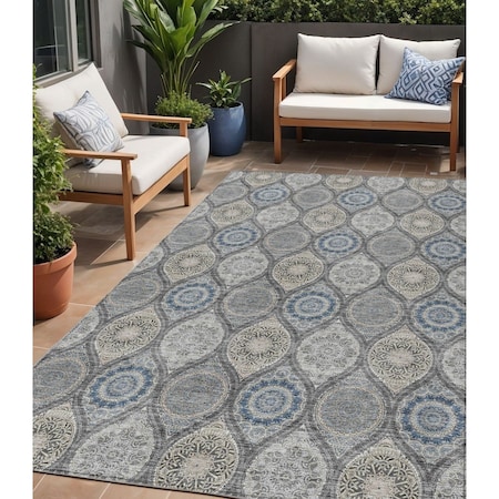 Homeroots 5' X 8' Gray Ivory And Navy Blue Floral Medallion Washable Indoor Outdoor Area Rug 614588