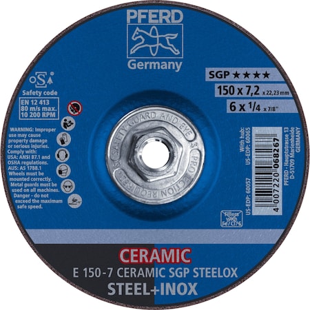 Pferd 6'' x 1/4 Grinding Wheel, 5/8-11 Thd. - CERAMIC SGP STEELOX - Type 27 60065
