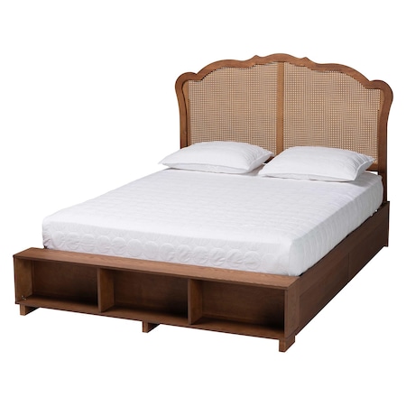 Baxton Studio Latrell Mid-Century Walnut Brown Wood and Rattan Queen Size Storage Bed 247-12666-10669-ZORO