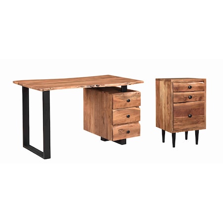 Homeroots 54" Brown and Black Solid Wood and Metal Writing Desk and Bookshelf Set With Three Drawers 634362