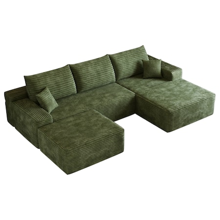 Homeroots 107" Green Corduroy Modular Compression Foam Sofa With Ottoman And Toss Pillows 712958