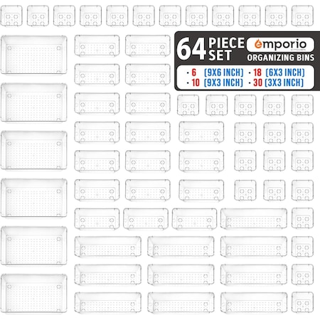 Emporio Kitchen Drawer Organizer SetIncludes 6-Pc 9x6in. bins, 10-Pc 9x3in. bins, 18-Pc 6x3in. Bins, 30-Pc 3x3 EMPORGN64