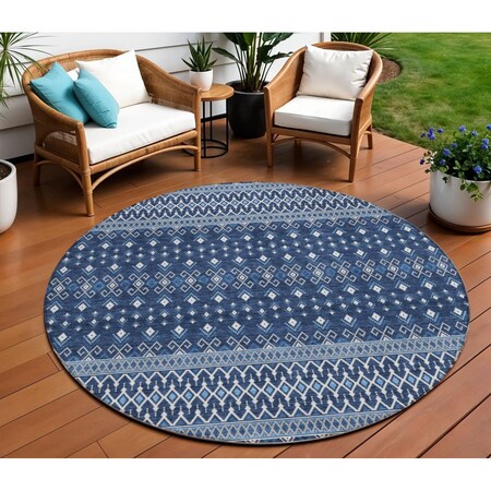 Homeroots 8' Navy Blue And Denim Blue Round Tribal Washable Indoor Outdoor Area Rug 582574