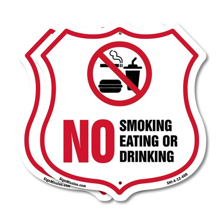 Signmission No Smoking Shield Sign No Smoking Eating, 12 inch X 12 inch, Aluminum Metal Sign, 2PK SHI-A-2PACK-12-400