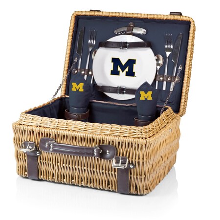 Picnic Time Family Of Brands NCAA Michigan Wolverines Champion Picnic Basket for 2, Large Wicker Picnic Set 208-40-138-344-0