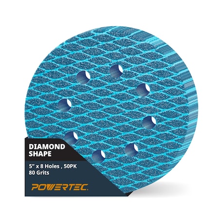 Powertec 5 in. 8-Hole Hook and Loop Diamond Shaped Sanding Discs, 80 Grit, J-Weight Cloth Backing, 50PK 44908N