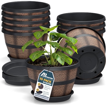 Lifemaster 10-Inch Whiskey Barrel Planters, Rustic Plastic Pots with Drainage and Saucers, 10PK LMPBP10BW